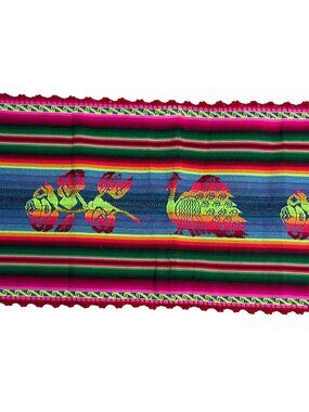 Mexican Table Runner Woven Peacock Rose Design Vibrant Multicolor Stripes 53x13